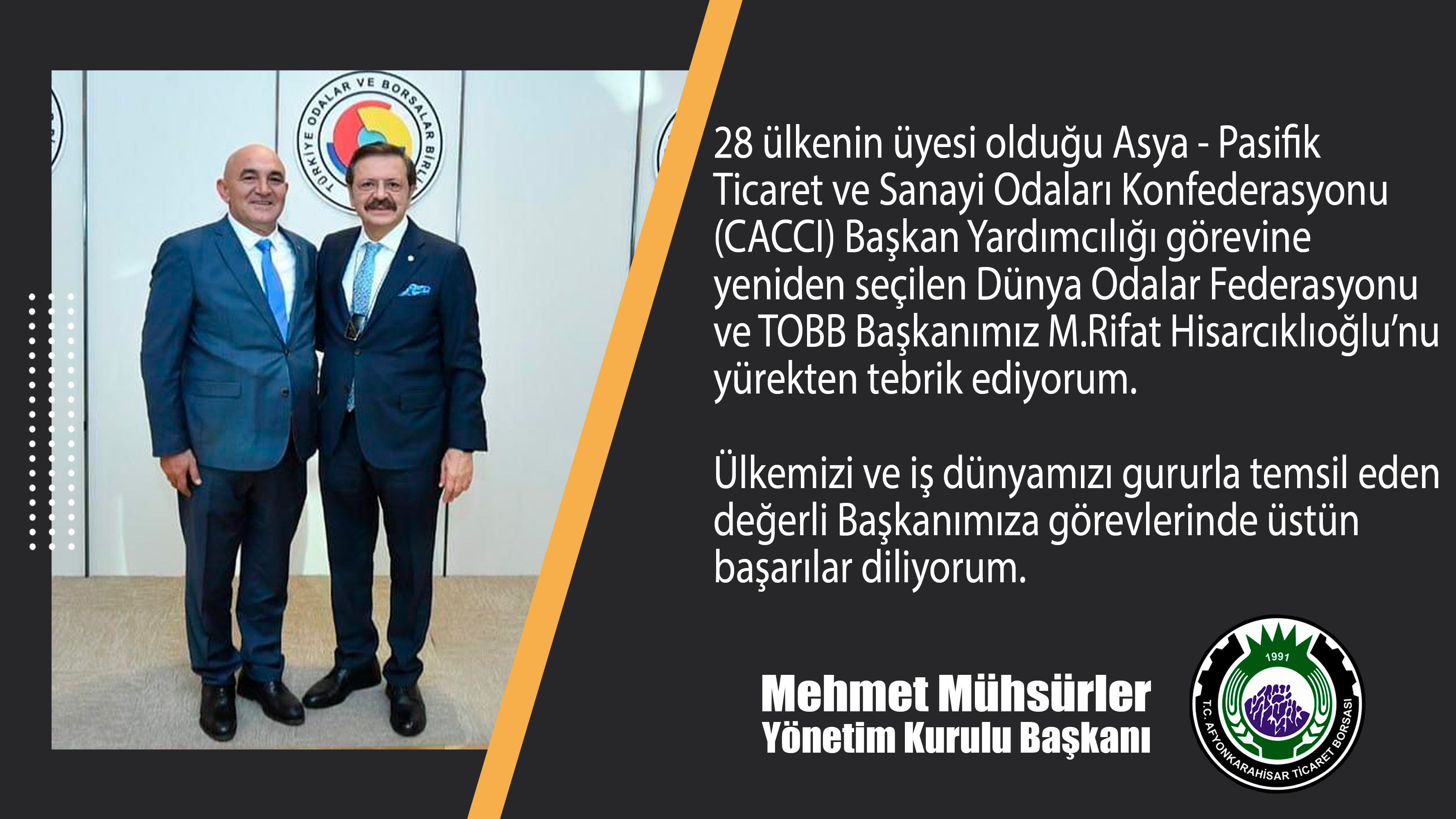 BAŞKAN MÜHSÜRLER, BAŞKAN HİSARCIKLIOĞLU'NU TEBRİK ETTİ 