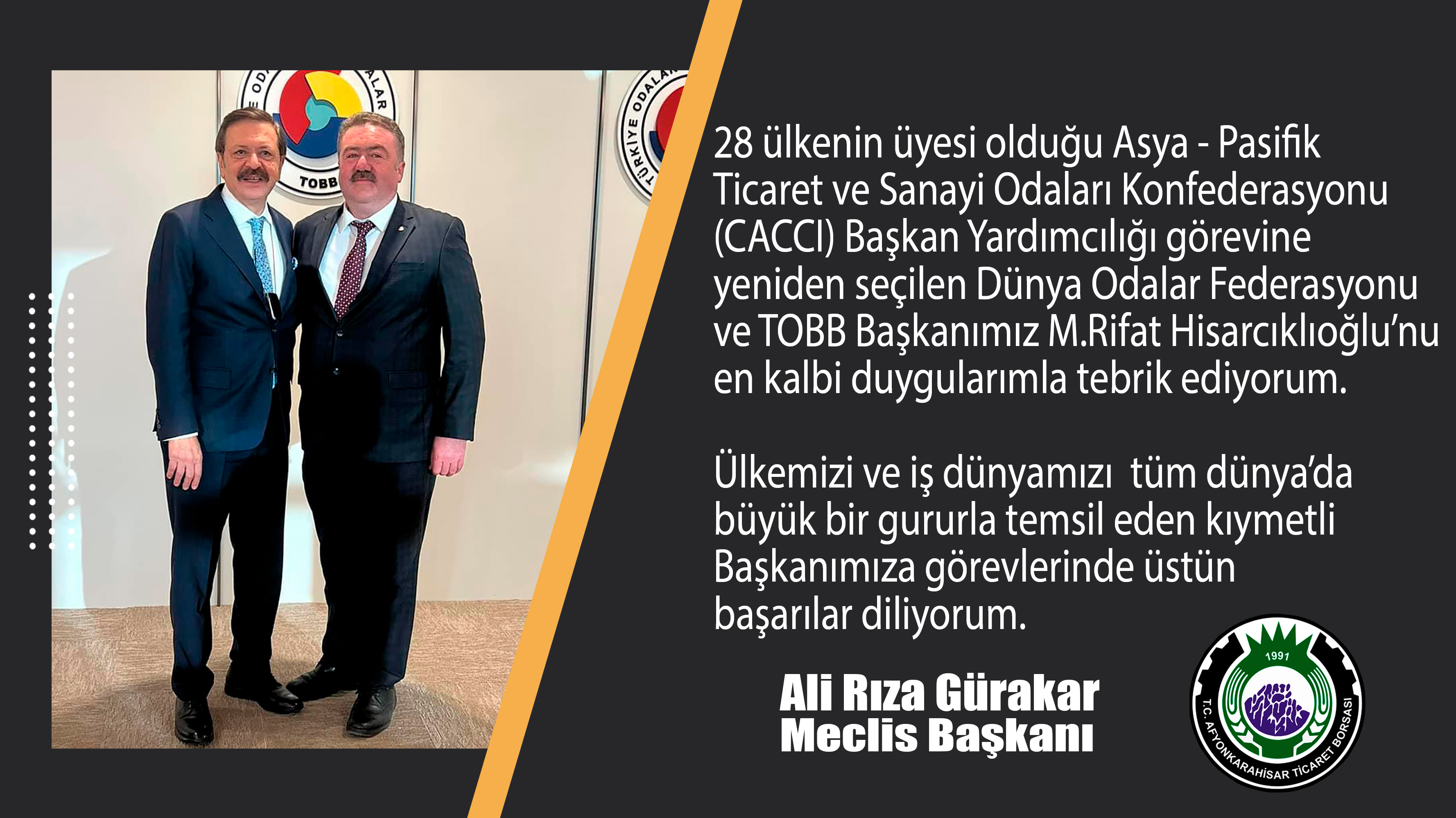 BAŞKAN GÜRAKAR, BAŞKAN HİSARCIKLIOĞLU'NU TEBRİK ETTİ